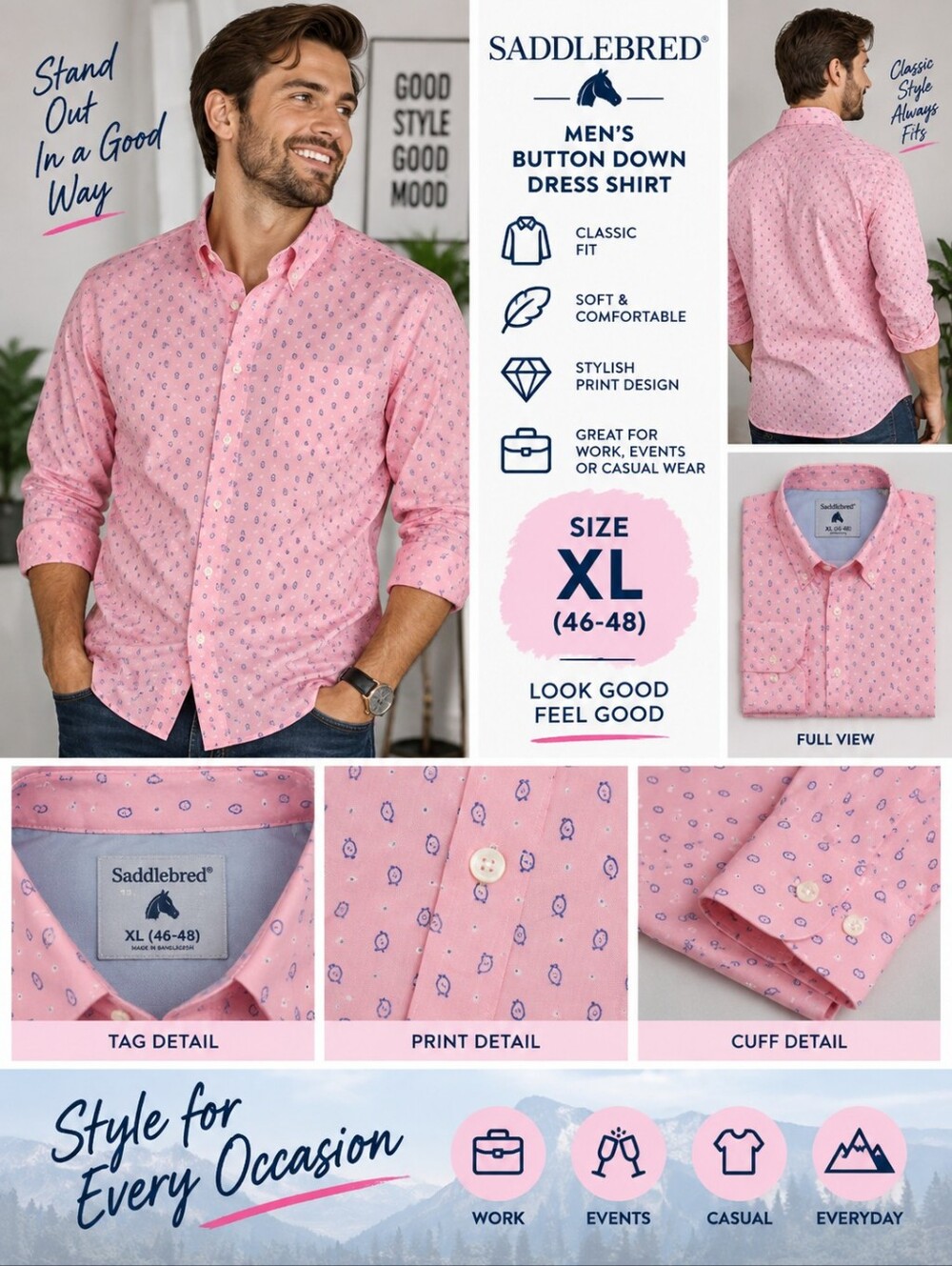 Saddlebred men's XL Pink designed button dress shirt #04